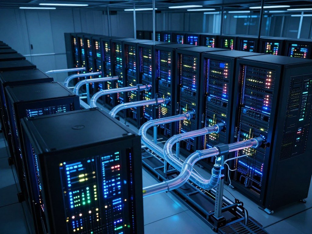 Server racks and liquid cooling pipes inside an AI data center