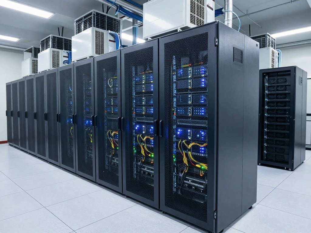 Servers and cooling equipment inside a data center Servers and cooling equipment inside a data center