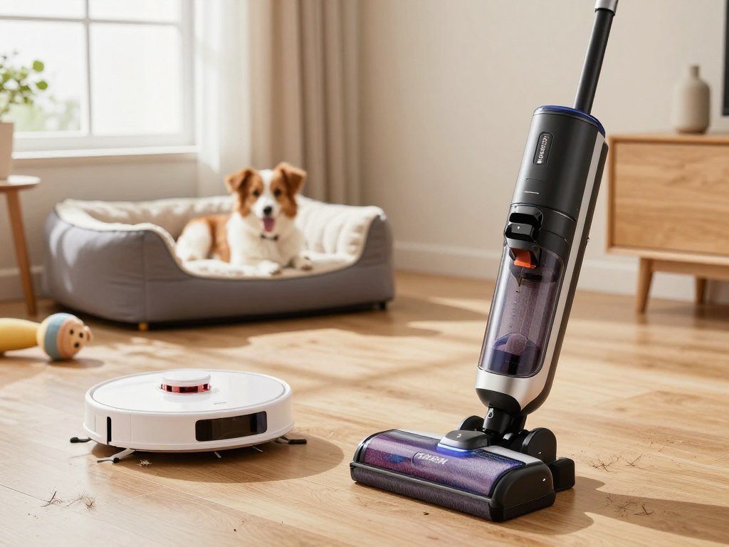 Shark upright vacuum beside a robot vacuum in a pet home Shark upright vacuum beside a robot vacuum in a pet home