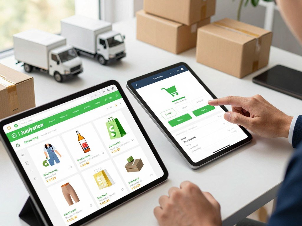 Shopify store workflow showing products, stock, checkout, and delivery Shopify store workflow showing products, stock, checkout, and delivery
