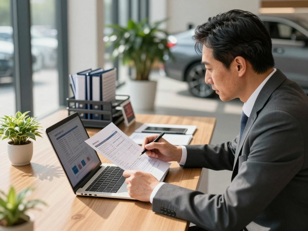 Shopper checks BMW lease quote figures at a desk