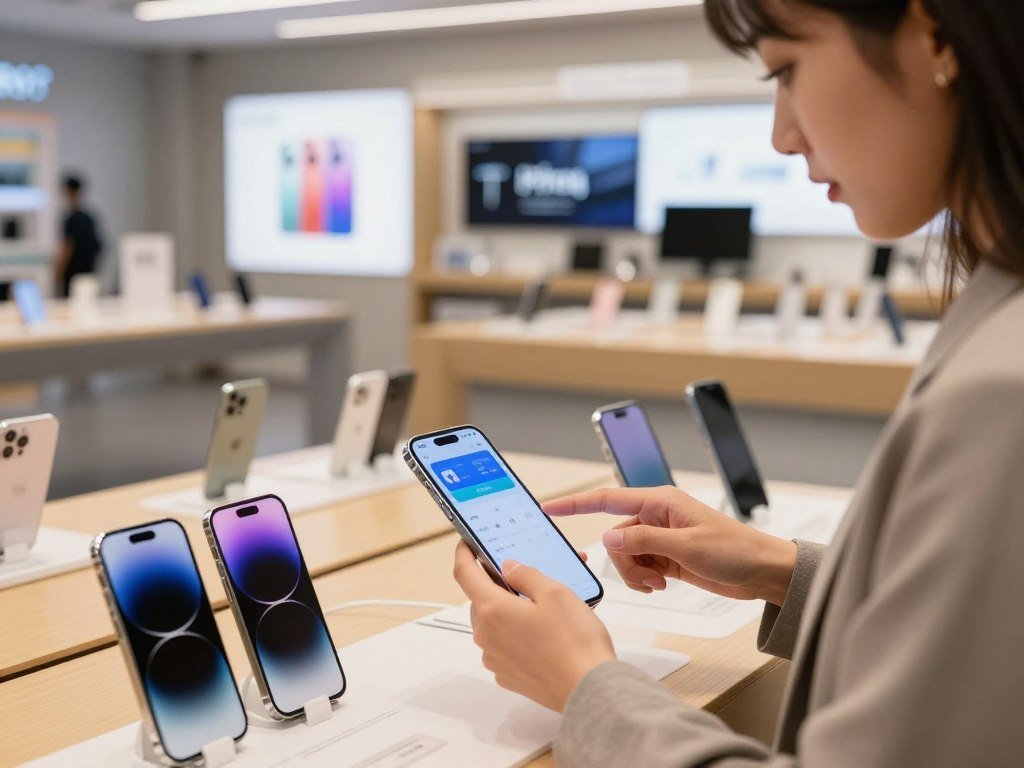 Shopper checks unlocked iPhone connectivity and carrier financing Shopper checks unlocked iPhone connectivity and carrier financing