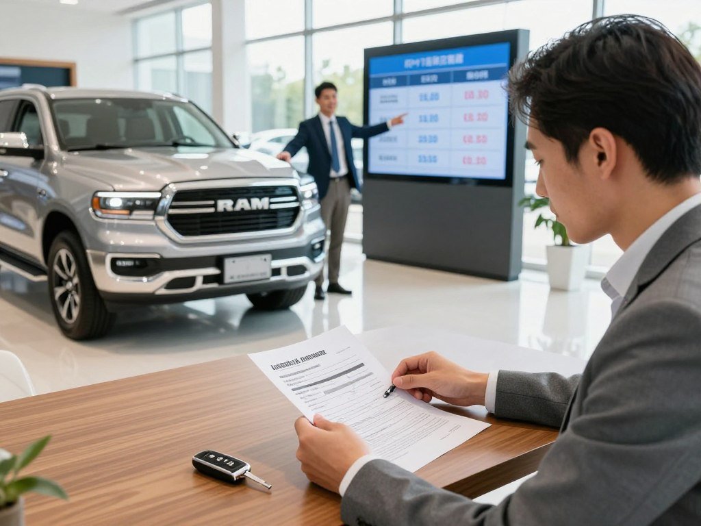 Shopper weighing a Ram 1500 lease against financing at a dealership Shopper weighing a Ram 1500 lease against financing at a dealership