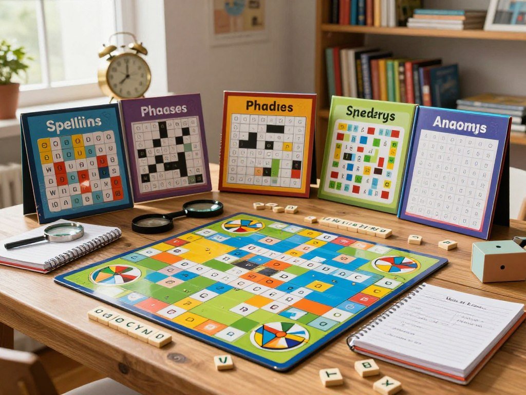 Six word games offer categories, spelling, phrases, and grid clues