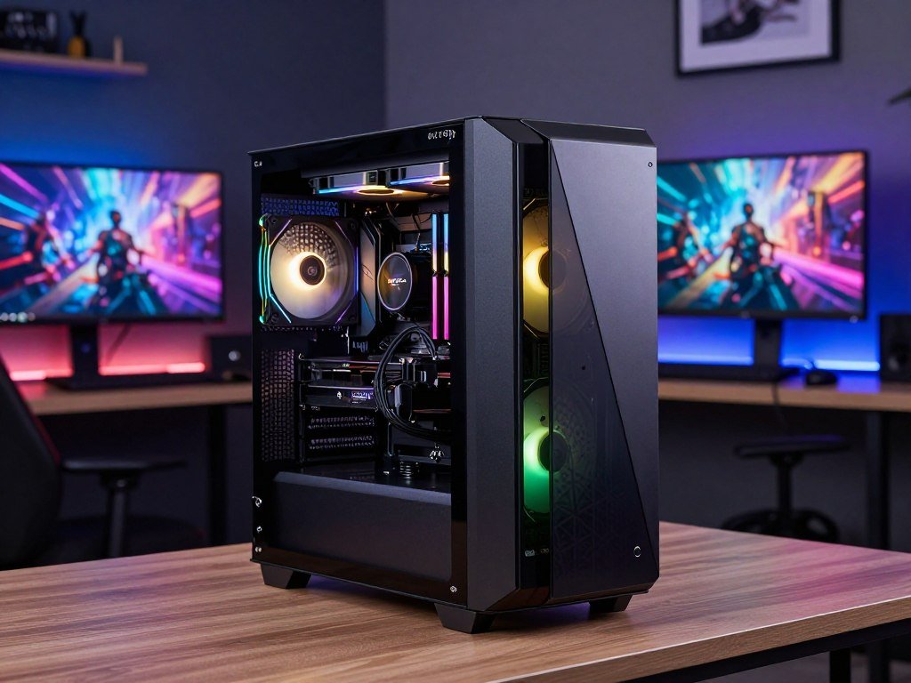 Skytech Nebula prebuilt gaming tower beside a 1080p display Skytech Nebula prebuilt gaming tower beside a 1080p display
