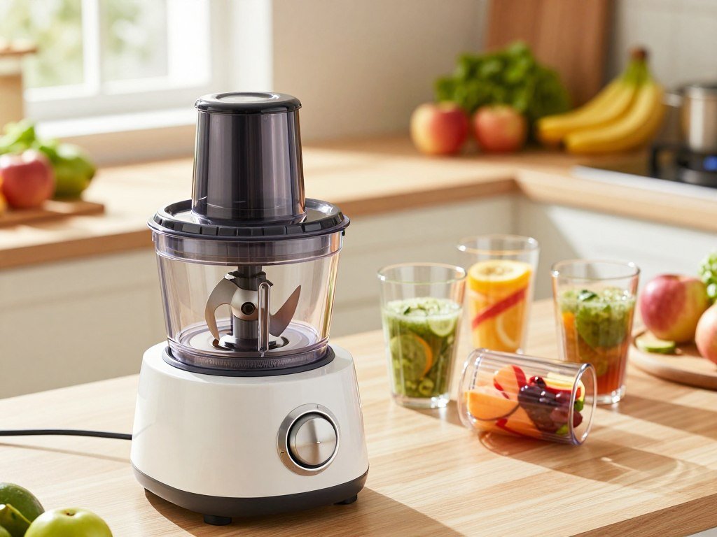 Slicing disc and portable cups beside a food processor Slicing disc and portable cups beside a food processor
