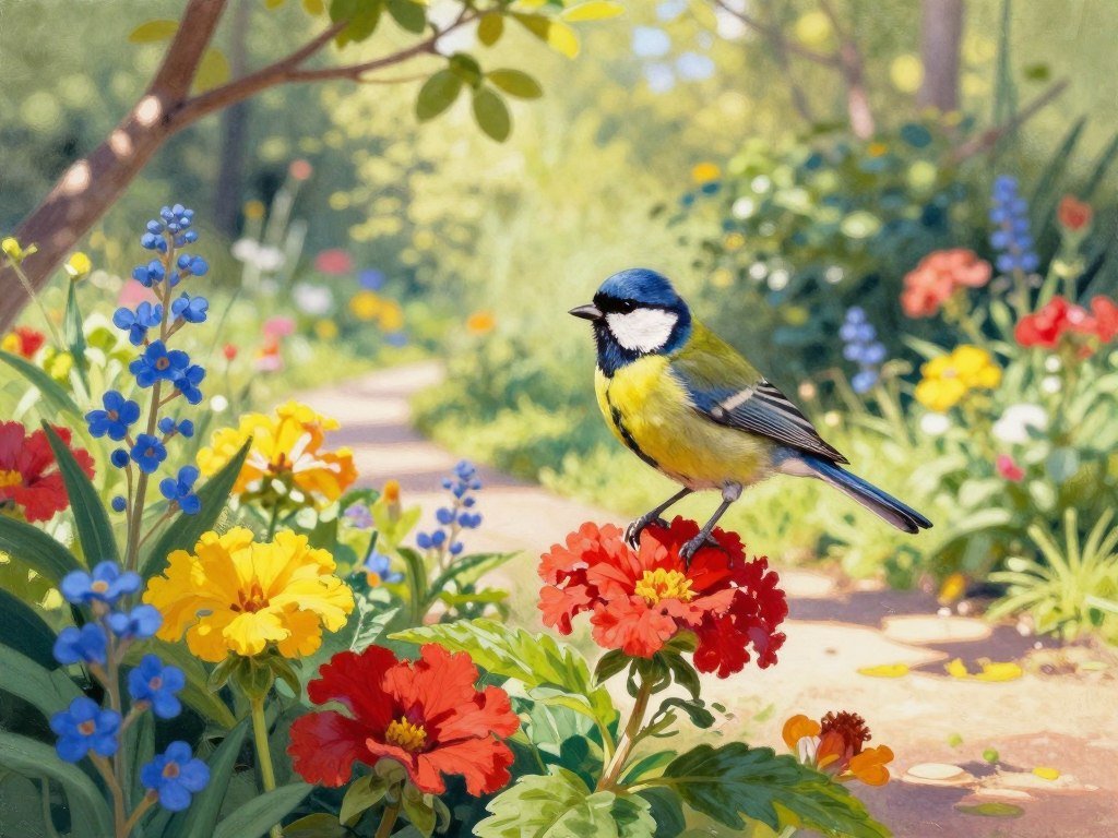 Small bird in a garden described with a gouache prompt