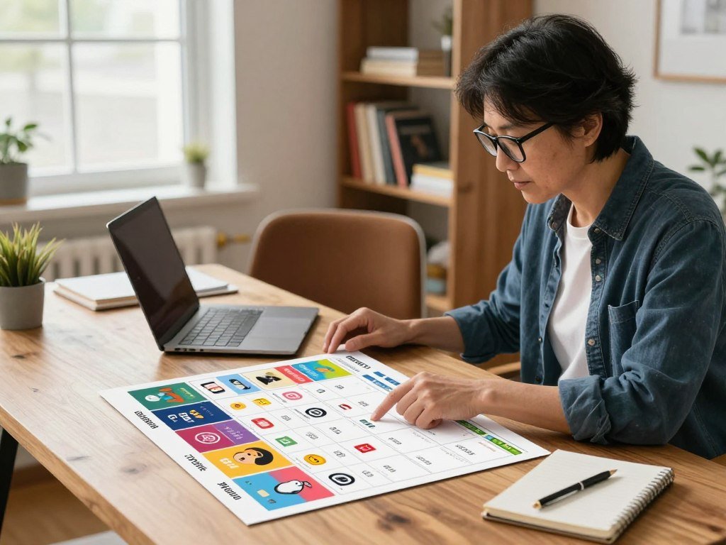Small business owner reviews a social media content calendar