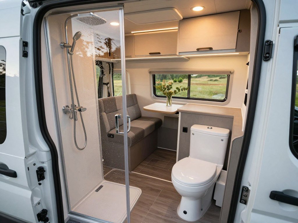 Small camper van wet bath with shower and toilet in one room