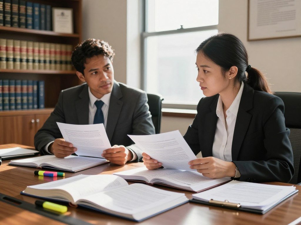Small law firm reviewing case law beside client matter files Small law firm reviewing case law beside client matter files