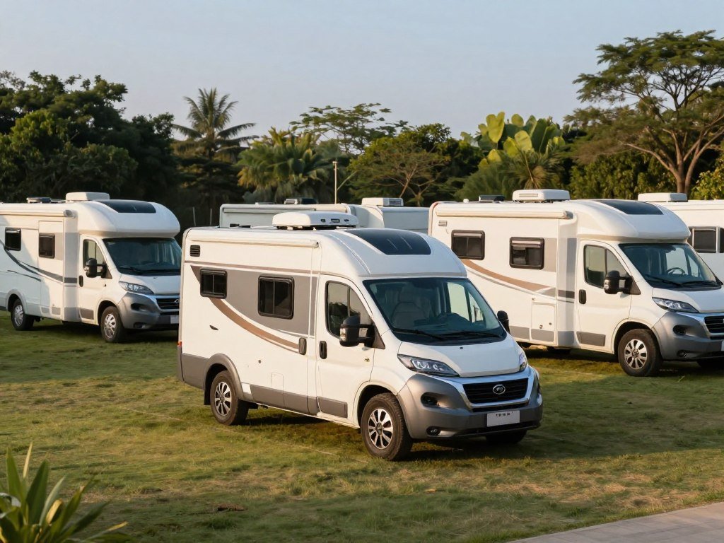 Small motorhome fitting into a campground space beside larger vehicles
