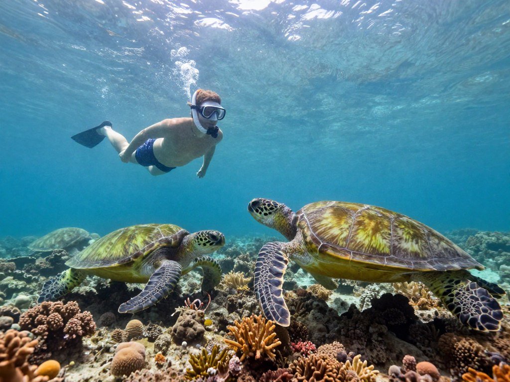 Snorkeler watching sea turtles from a respectful distance