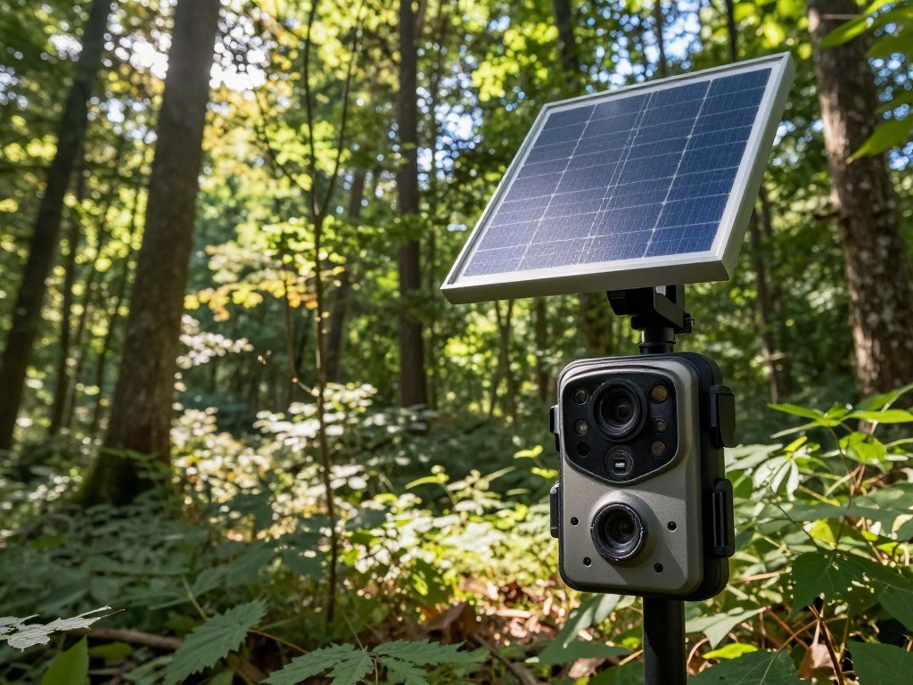 Solar panel on cellular trail camera facing sunlight in a woodland clearing