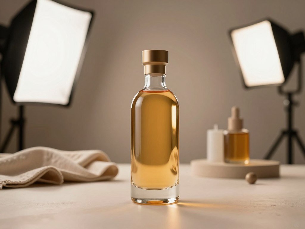 Source photo of a bottle beside a generated studio scene Source photo of a bottle beside a generated studio scene