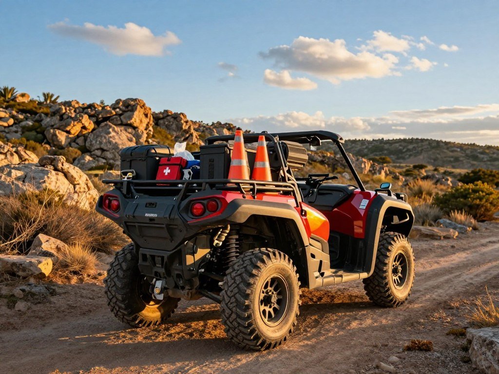 Sport-utility UTV carrying work gear in its cargo bed Sport-utility UTV carrying work gear in its cargo bed