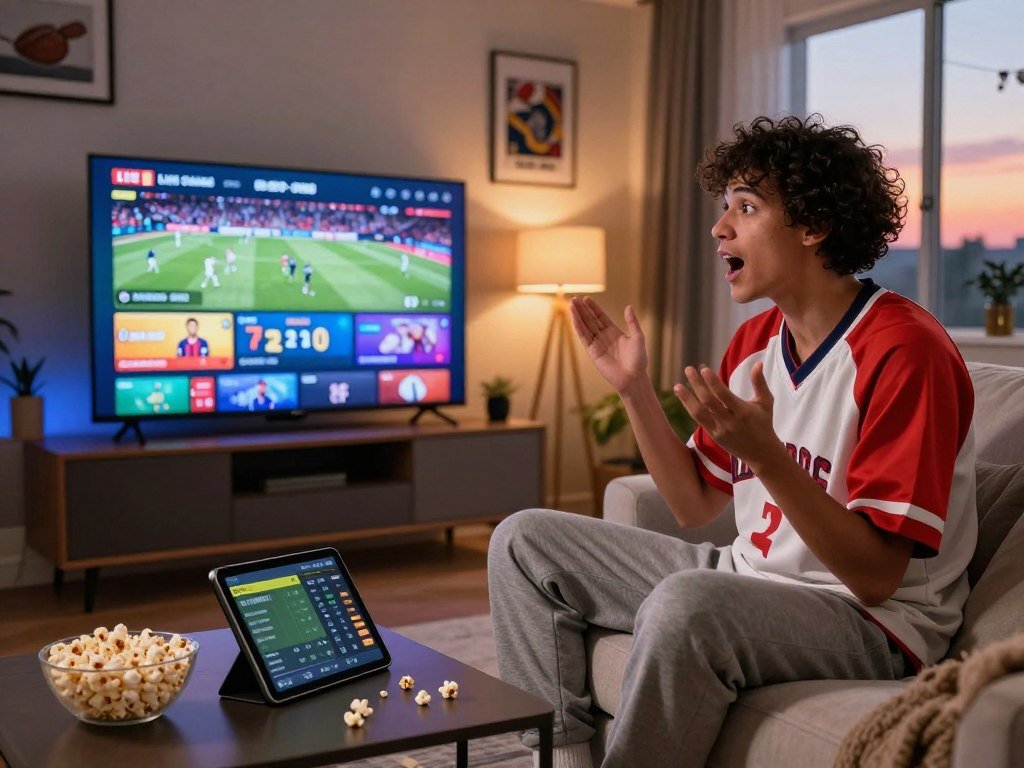 Sports fan checks live sports listings on a streaming television