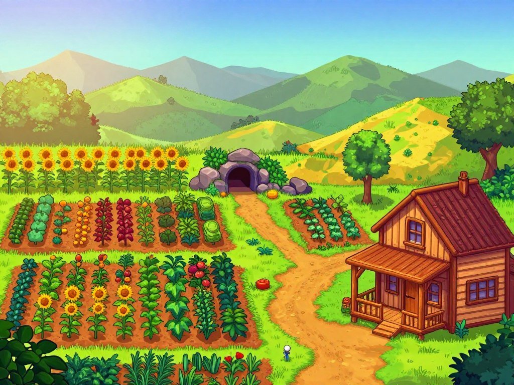 Stardew Valley farm beside seasonal crops and a mine Stardew Valley farm beside seasonal crops and a mine