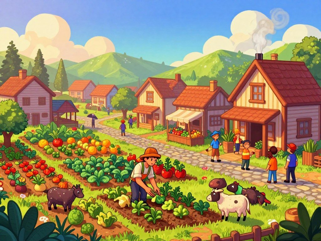 Stardew Valley farm routine beside a lively small-town community