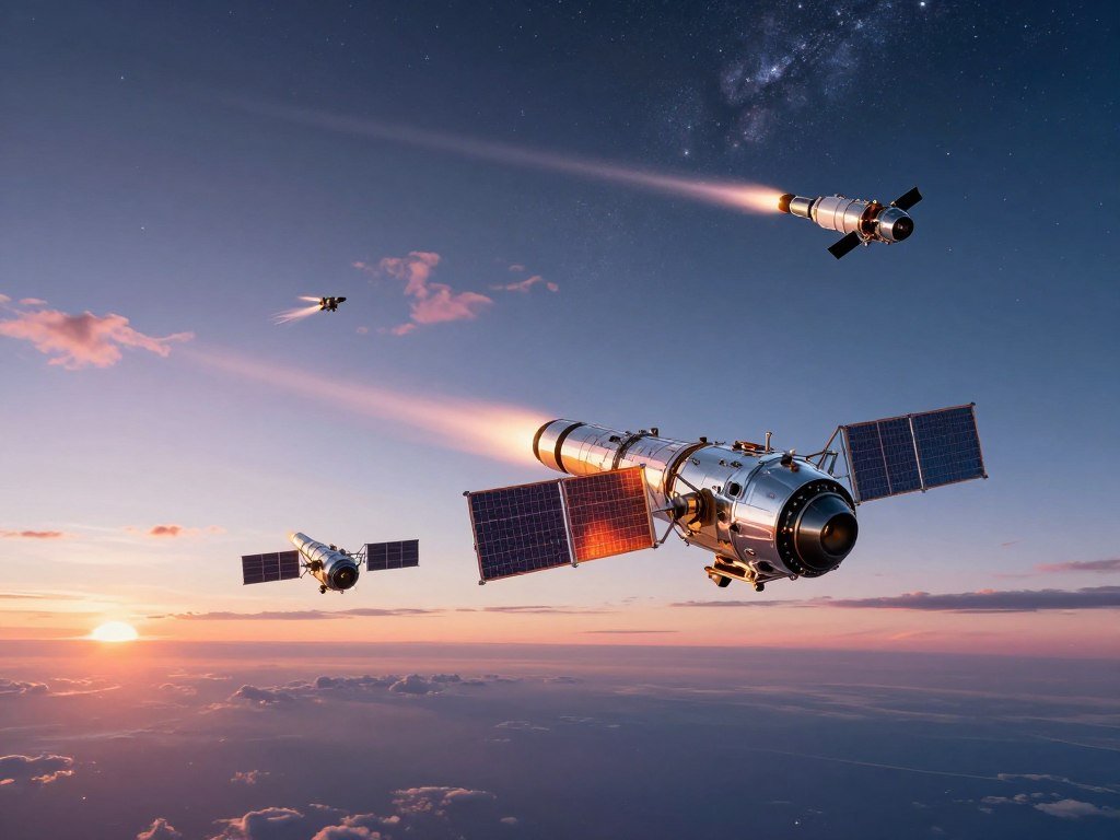 Starlink V2 Mini satellites traveling toward low Earth orbit Starlink V2 Mini satellites traveling toward low Earth orbit