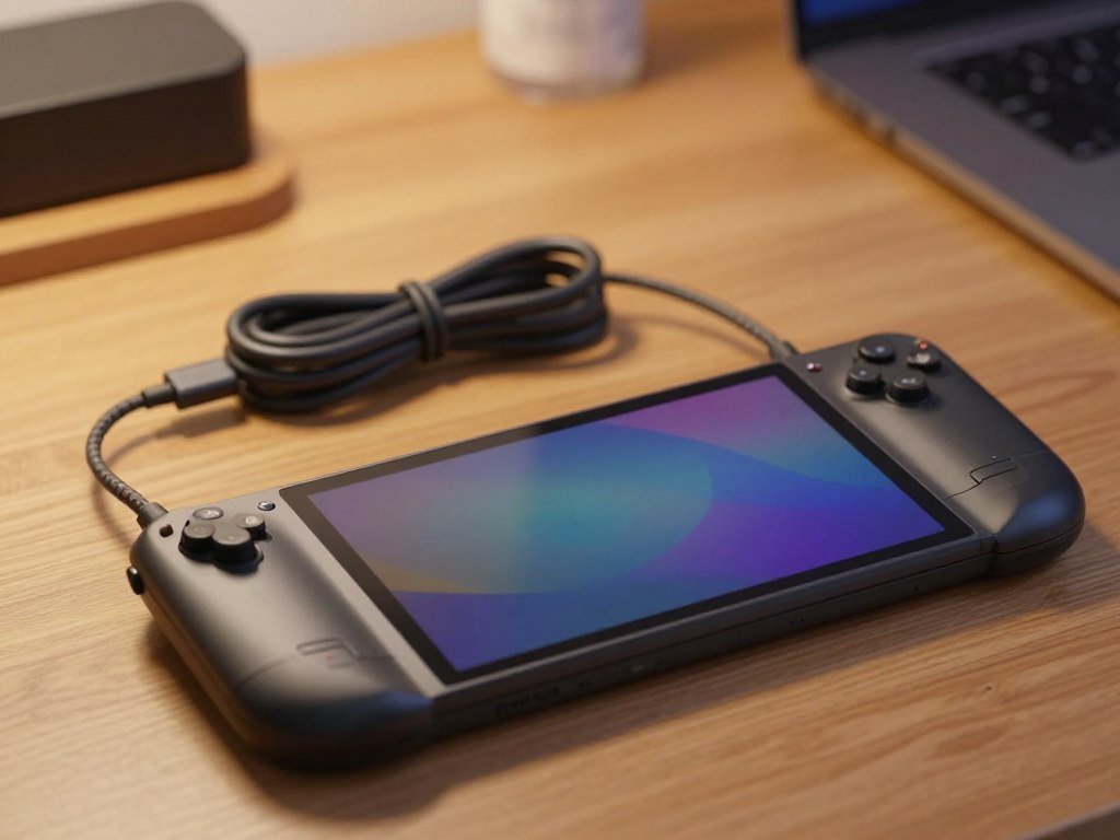 Steam Deck OLED charging beside a travel power cable Steam Deck OLED charging beside a travel power cable