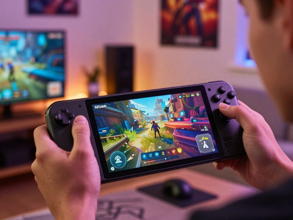 Steam Deck OLED held for a handheld gaming session Steam Deck OLED held for a handheld gaming session