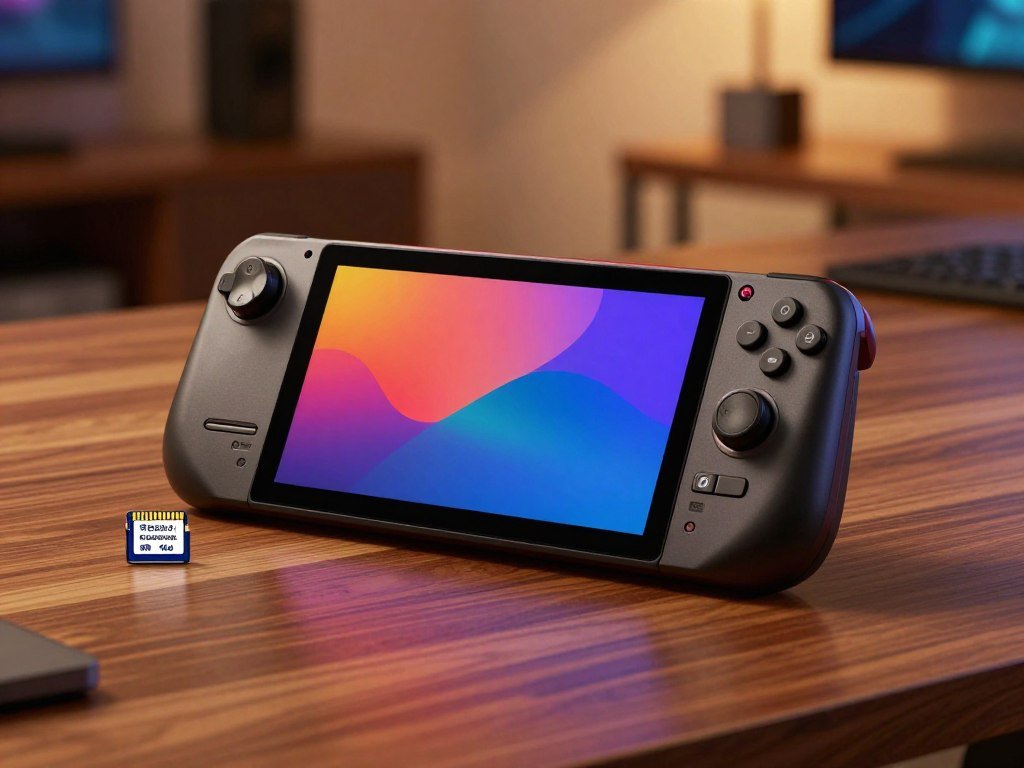 Steam Deck beside a microSD card for extra gaming storage