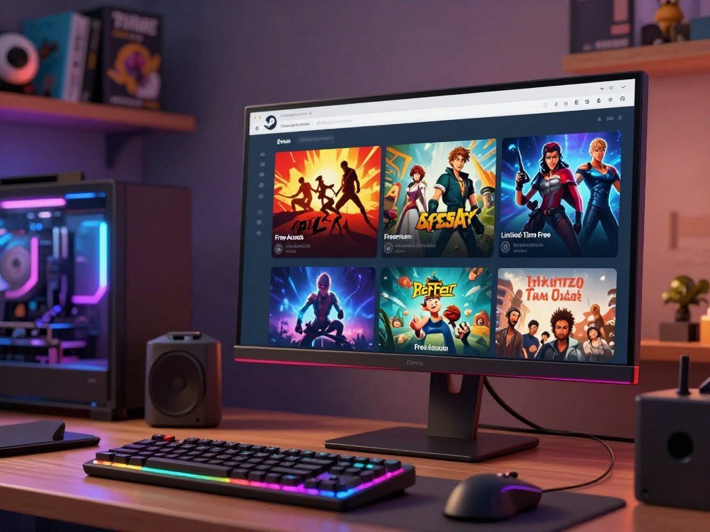 Steam listings show different free game access types