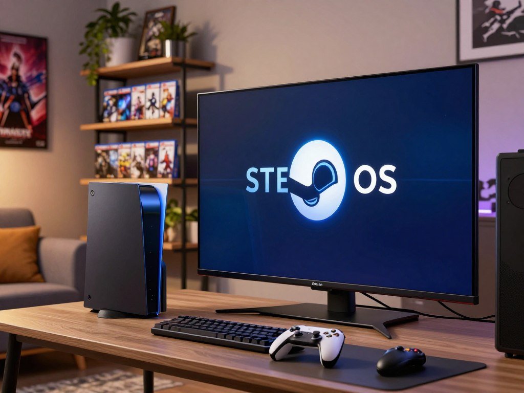 SteamOS gaming setup showing a library on a television