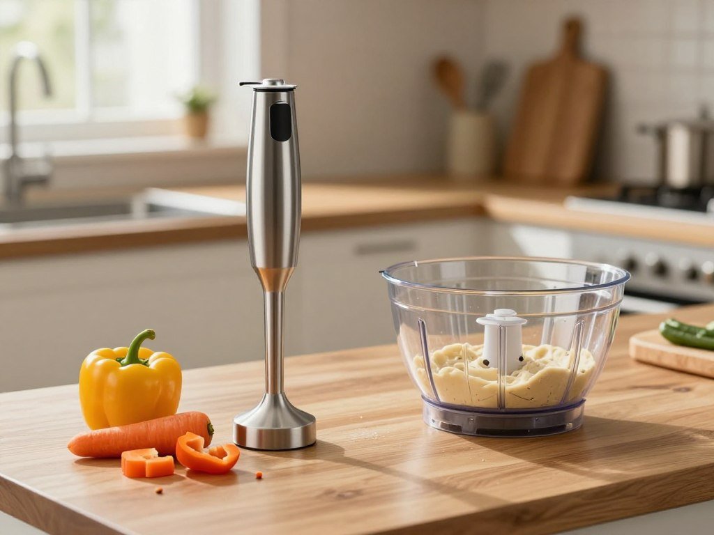 Stick blender and processor bowl set up for chopping and dough Stick blender and processor bowl set up for chopping and dough
