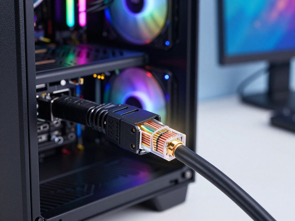 Stranded copper Cat6 patch cable connecting a gaming PC Stranded copper Cat6 patch cable connecting a gaming PC