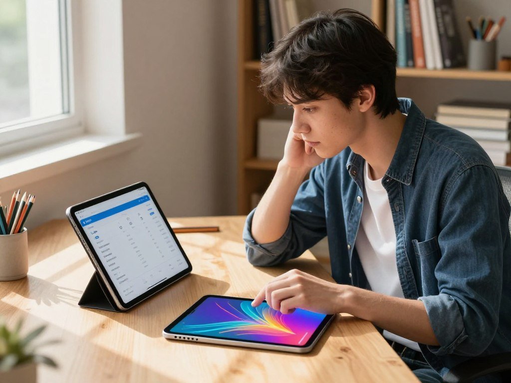 Student comparing tablet storage and display details