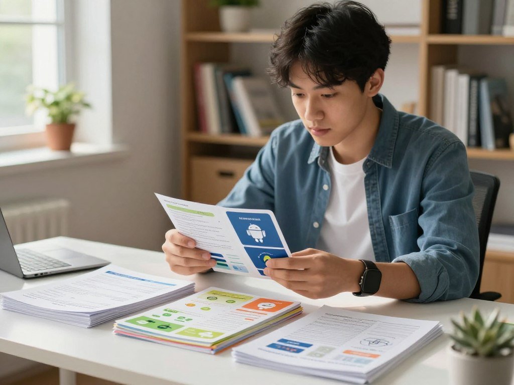 Student reviewing Android study notes and AI flashcards Student reviewing Android study notes and AI flashcards