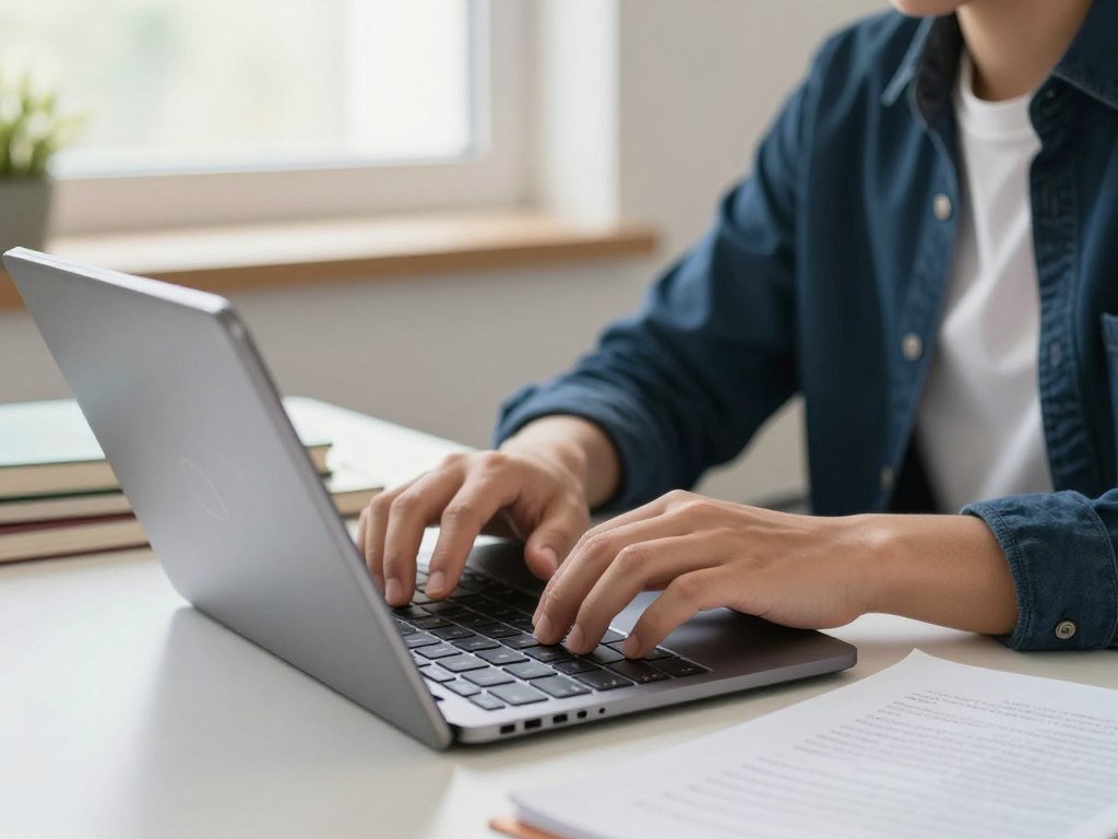 Student typing an assignment on a detachable tablet keyboard