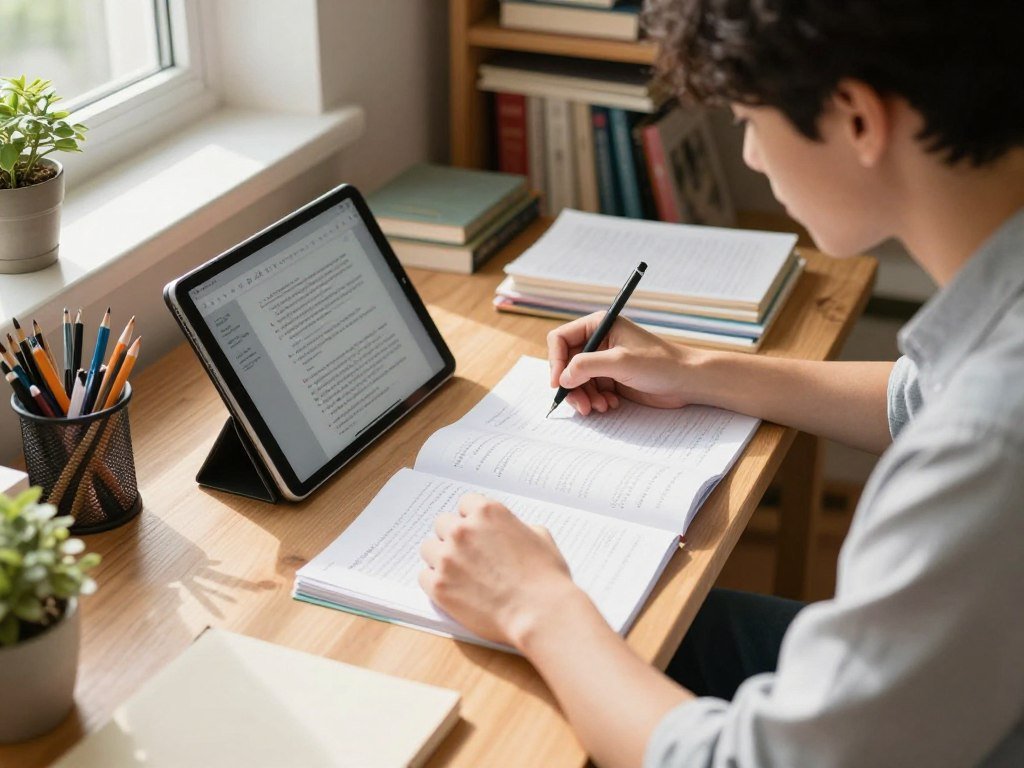 Student writes lecture notes beside an open course PDF Student writes lecture notes beside an open course PDF