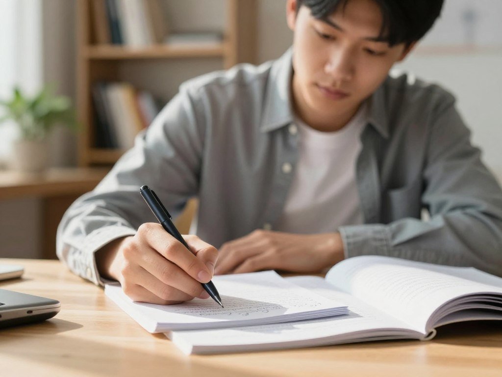 Student writing handwritten notes with an S Pen