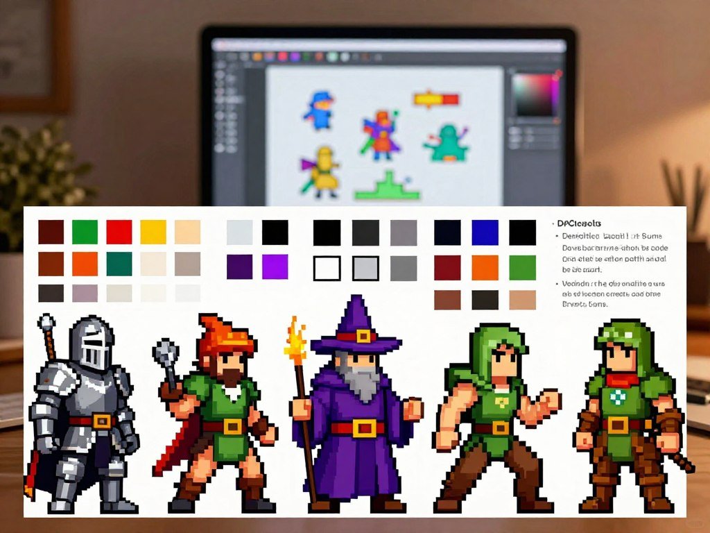 Style reference beside related pixel art characters
