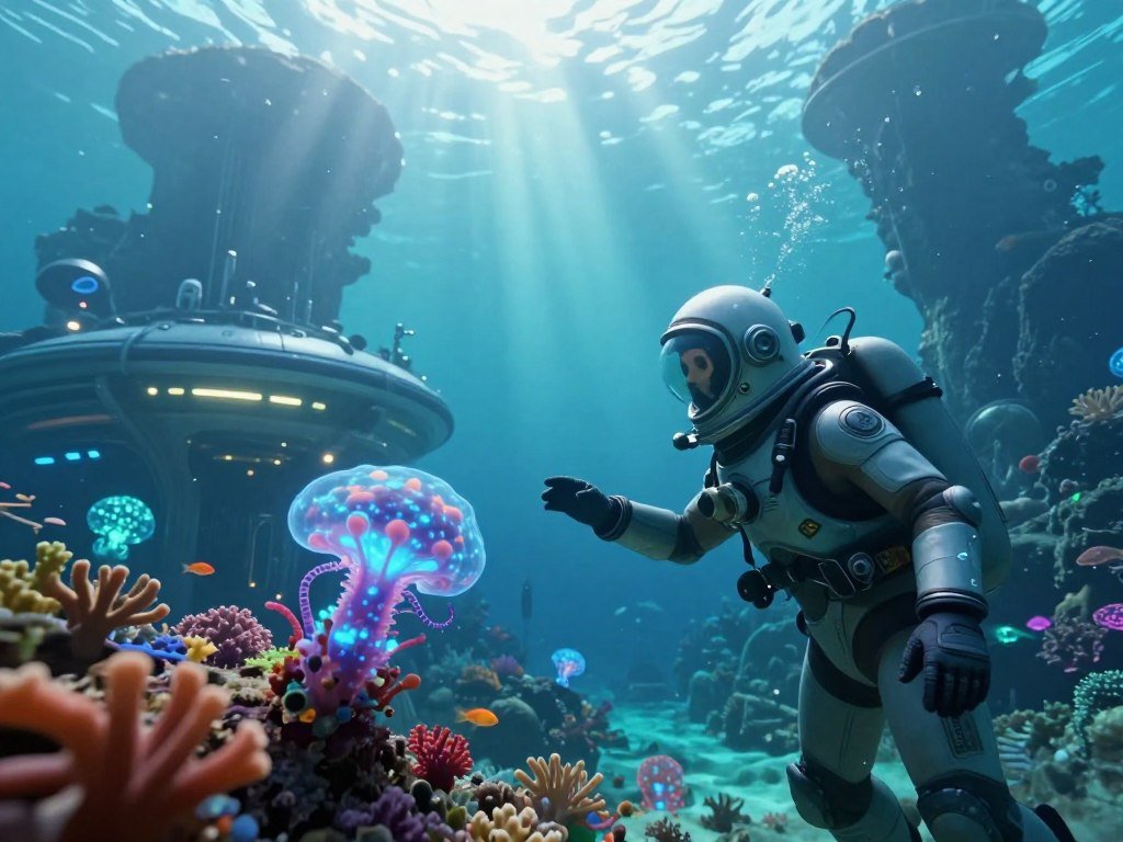 Subnautica player explores an alien ocean near a base Subnautica player explores an alien ocean near a base