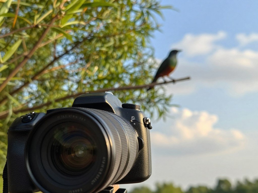 Superzoom camera aimed toward a distant bird in a tree Superzoom camera aimed toward a distant bird in a tree