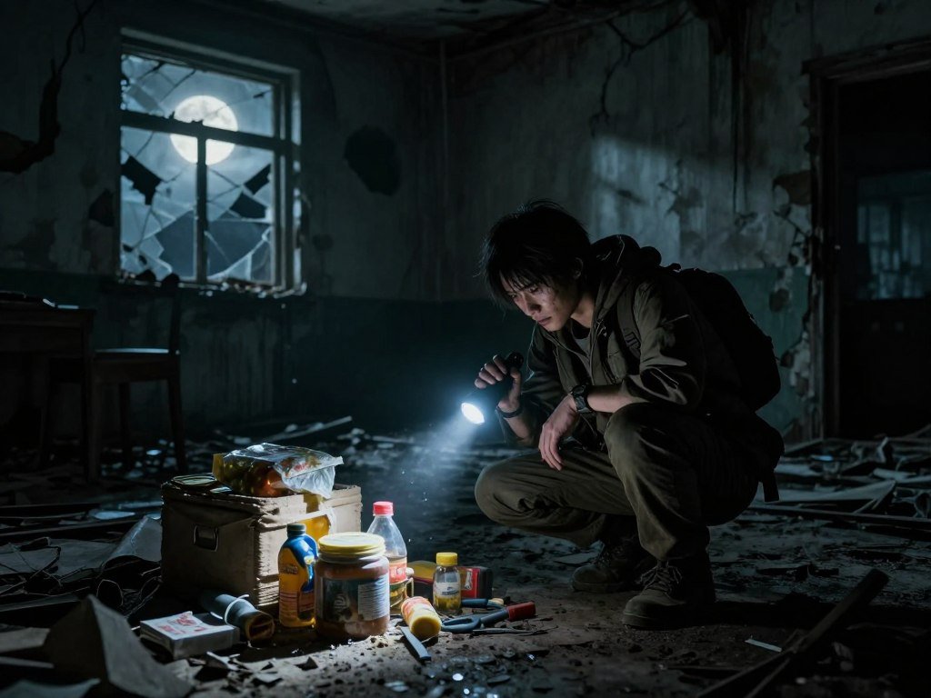 Survival horror scene with a character conserving supplies Survival horror scene with a character conserving supplies