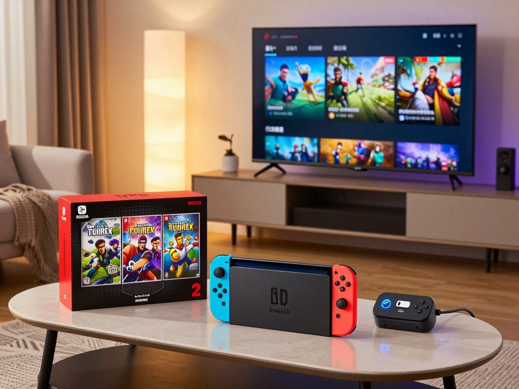 Switch 2 bundle and Steam Deck dock beside a television Switch 2 bundle and Steam Deck dock beside a television