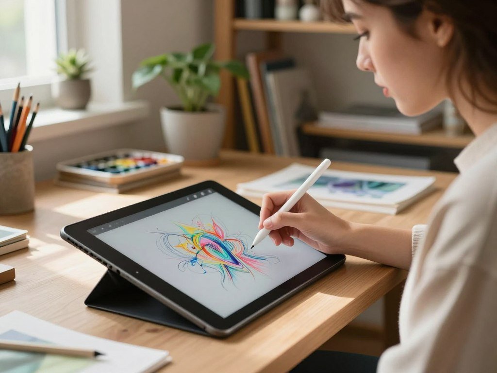 Tablet artist testing touch drawing and stylus pressure