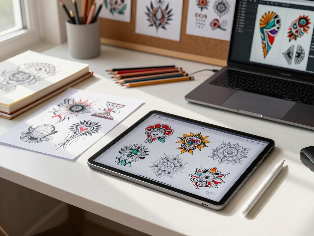 Tattoo generator draft beside saved design revisions Tattoo generator draft beside saved design revisions