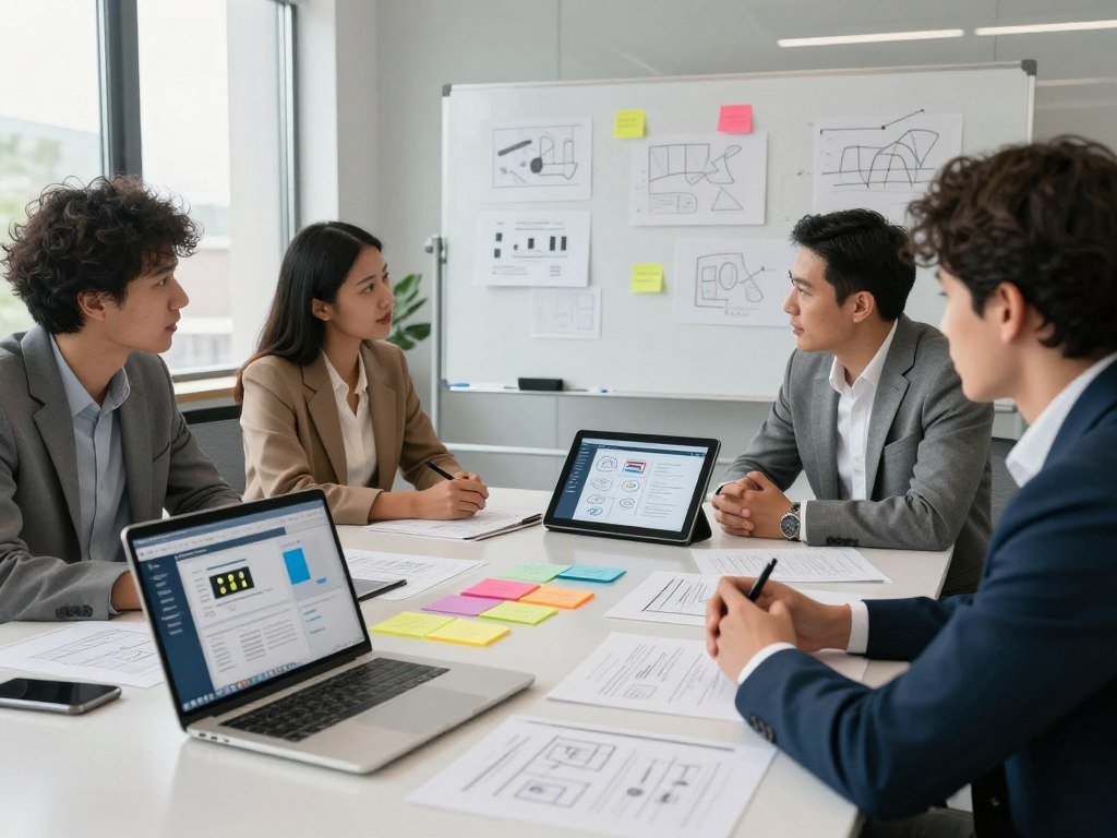 Team comparing presentation tools and draft layouts