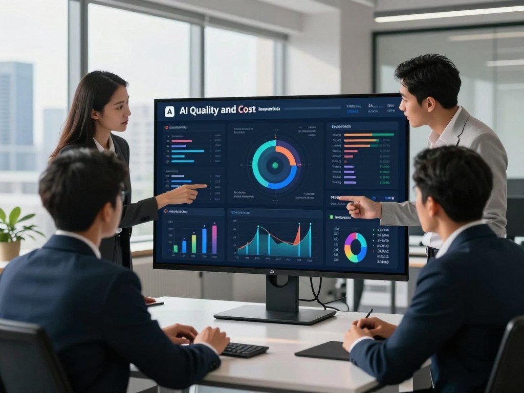 Team reviews AI quality and cost signals on a dashboard