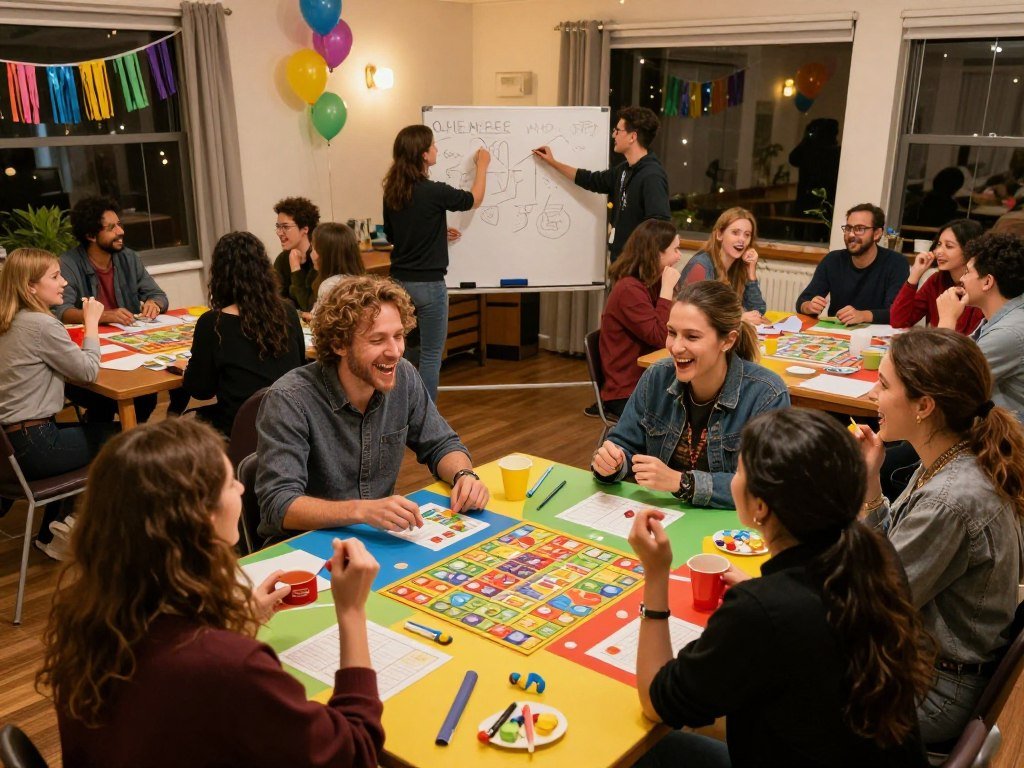 Teams playing large-group party games in a lively room