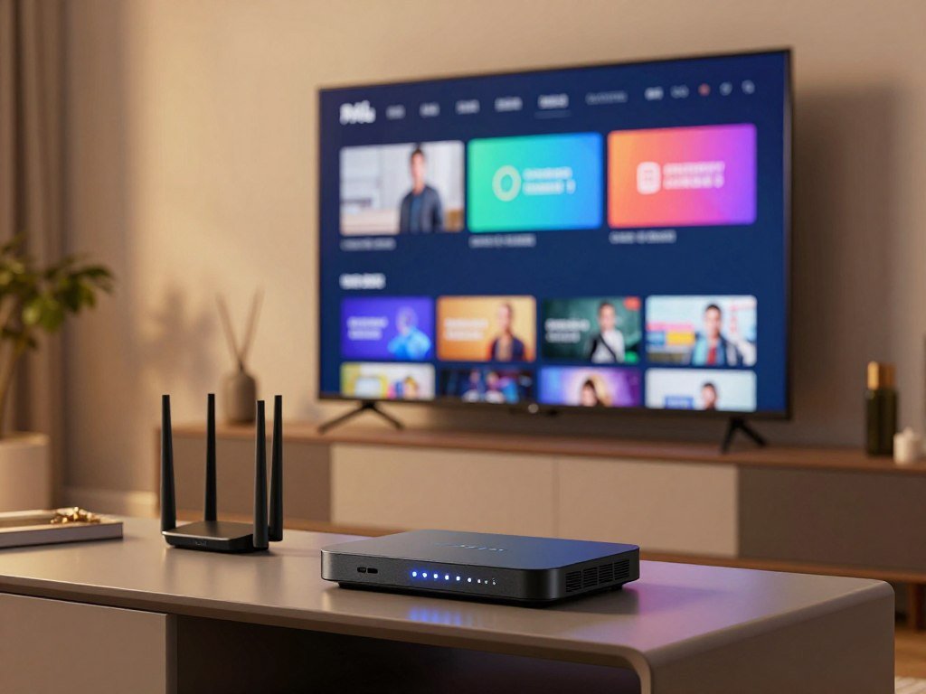 Television, internet router, IPTV box, and authorized streaming app Television, internet router, IPTV box, and authorized streaming app
