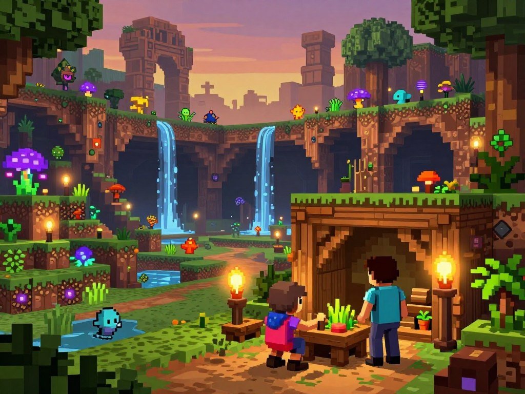 Terraria players building a base near an unexplored underground world