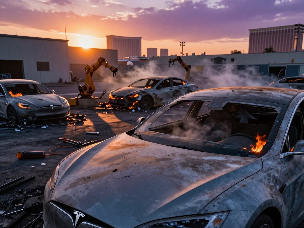 Tesla vehicles damaged during the Las Vegas facility attack