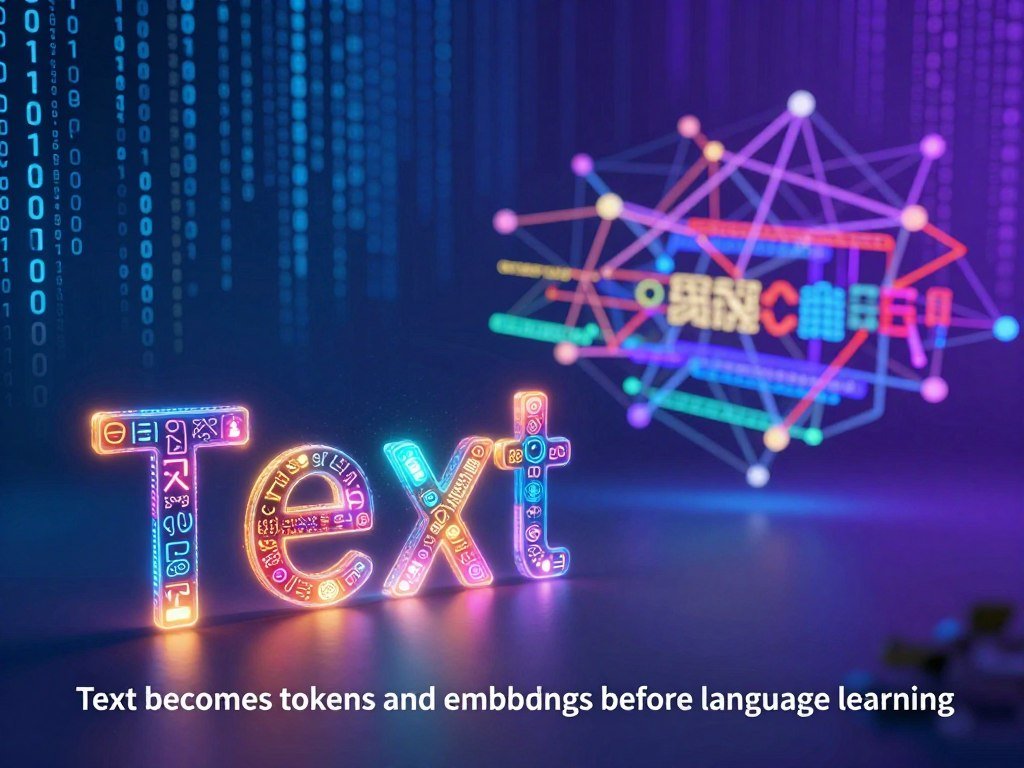 Text becomes tokens and embeddings before language learning Text becomes tokens and embeddings before language learning