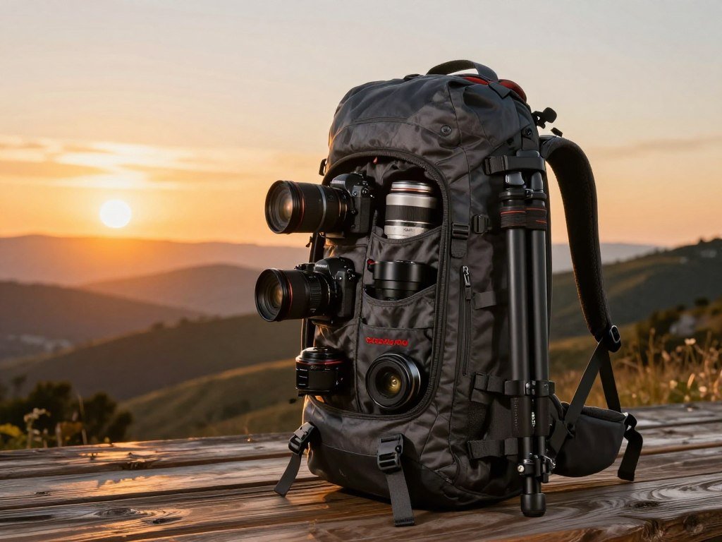 Thirty-five-liter camera backpack packed for a photo trip Thirty-five-liter camera backpack packed for a photo trip